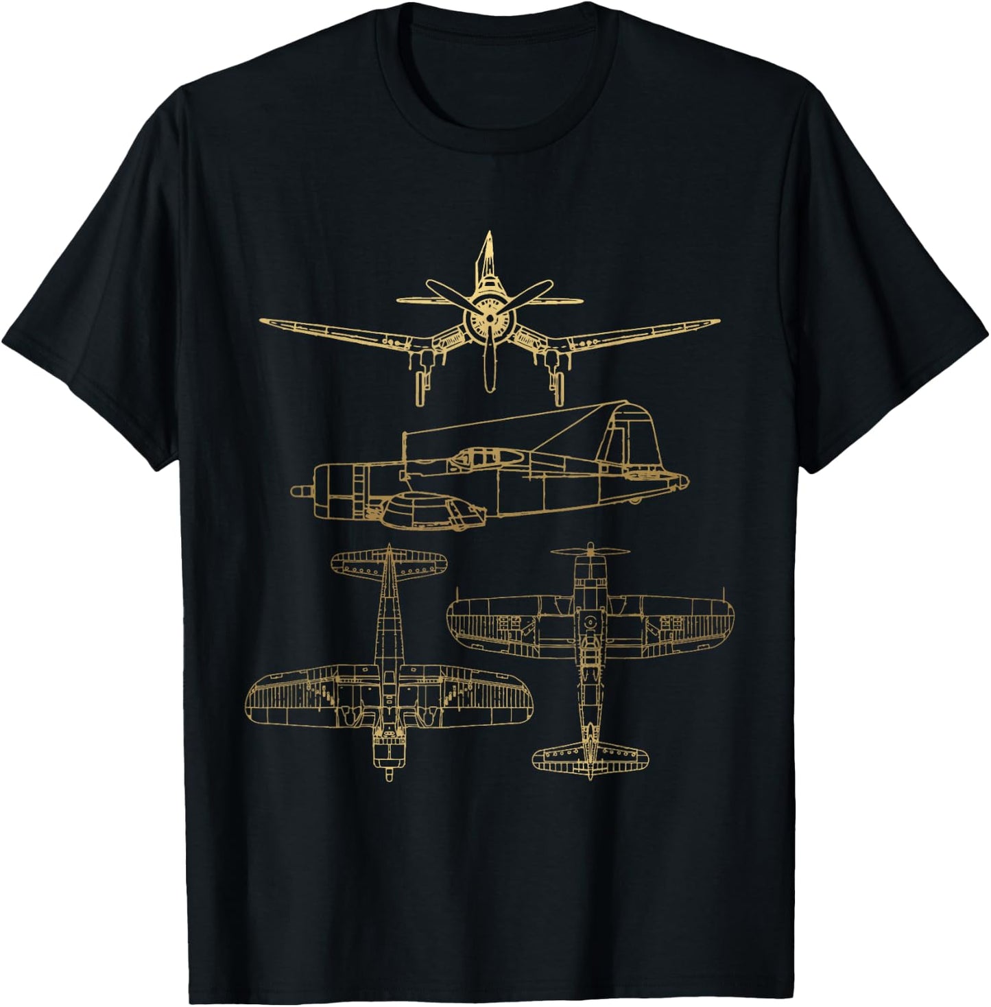 Corsair F4U WW2 Plane Warbird Blueprint Schematics Diagram T-Shirt - T-Shirt | Black