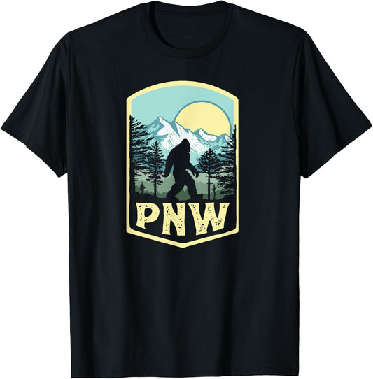 Vintage PNW Bigfoot Outdoor Badge Mountains & Trees T-Shirt - T-Shirt | Black