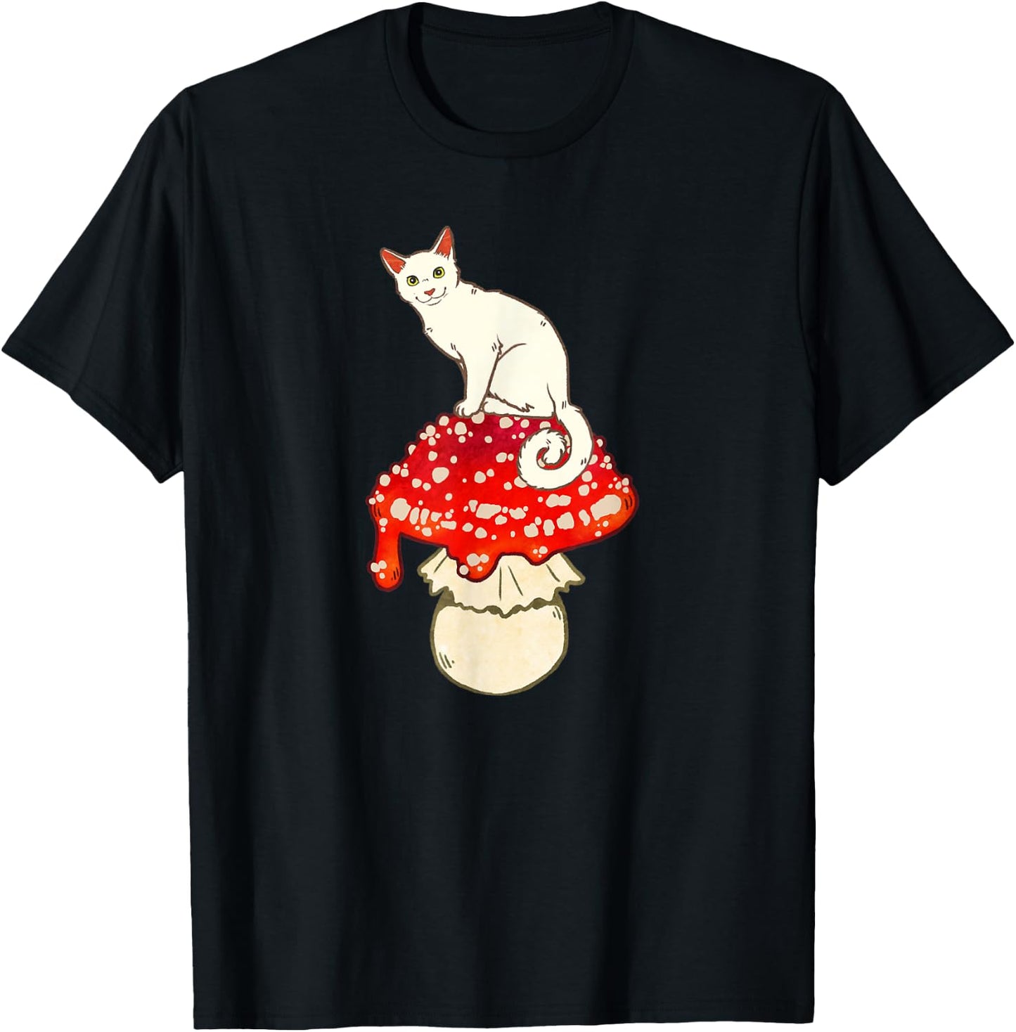 Cute White Cat Sitting on Red Spotted Mushroom T-Shirt - T-Shirt | Black