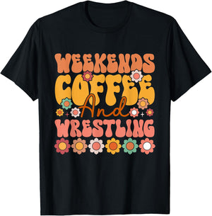 Weekends Coffee & Wrestling Funny Retro Groovy Mom Wrestler T-Shirt - T-Shirt | Black