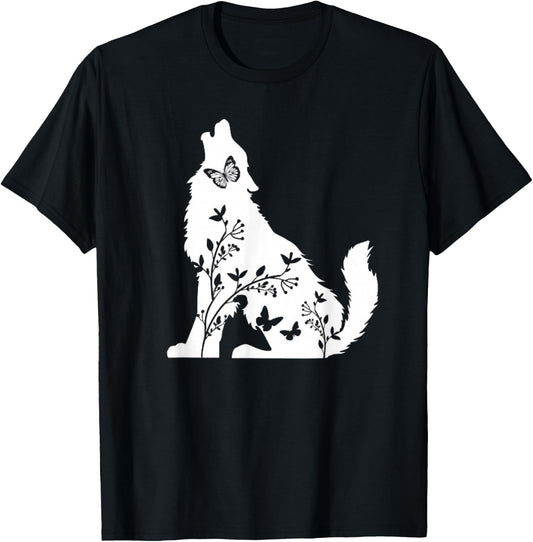 Wolf and Butterflies Cute Graphic Wolves Women Girls T-Shirt - T-Shirt | Black