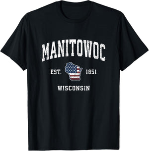 Manitowoc Wisconsin WI Vintage American Flag Sports Design T-Shirt - T-Shirt | Black