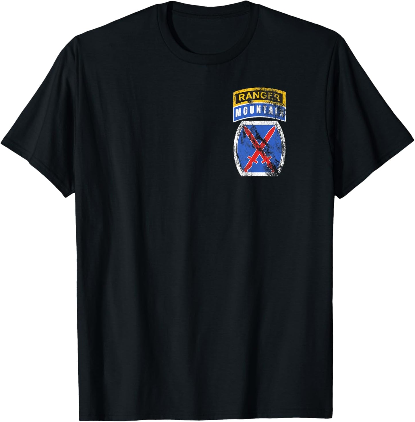 10th Mountain MTN Division Patch with Ranger Tab Distressed T-Shirt - T-Shirt | Black