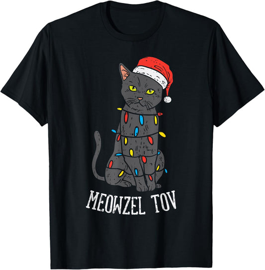 Meowzel Tov Hanukkah Black Cat Christmas Lights Pet Gift T-Shirt - T-Shirt | Black