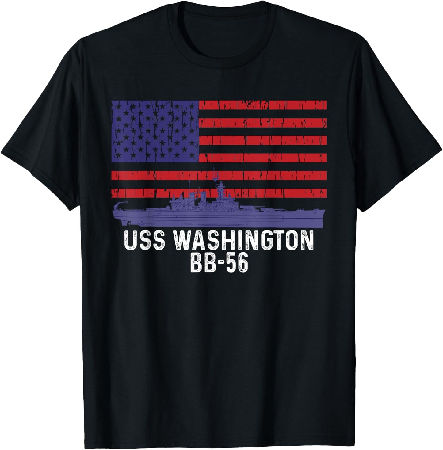 USS Washington BB-56 Battleship Vintage American Flag T-Shirt - T-Shirt | Black