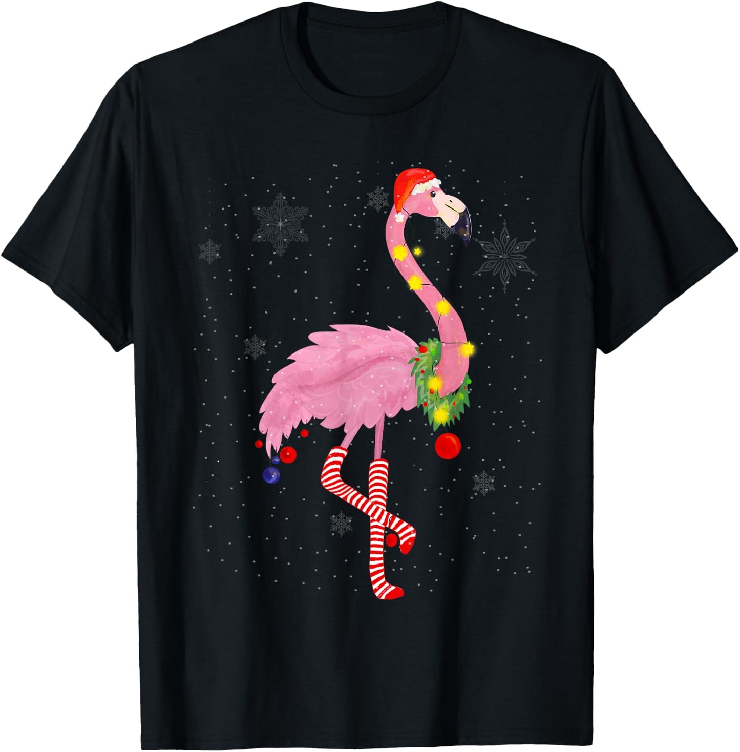 Cute Pink Flamingo with Snow, Lights and Santa Hat Christmas T-Shirt - T-Shirt | Black