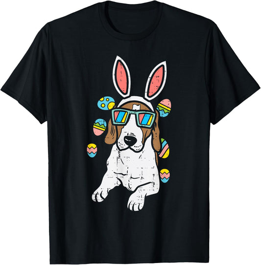 Beagle Bunny Ears Glasses Eggs Cute Easter Dog Owner Lover T-Shirt - T-Shirt | Black