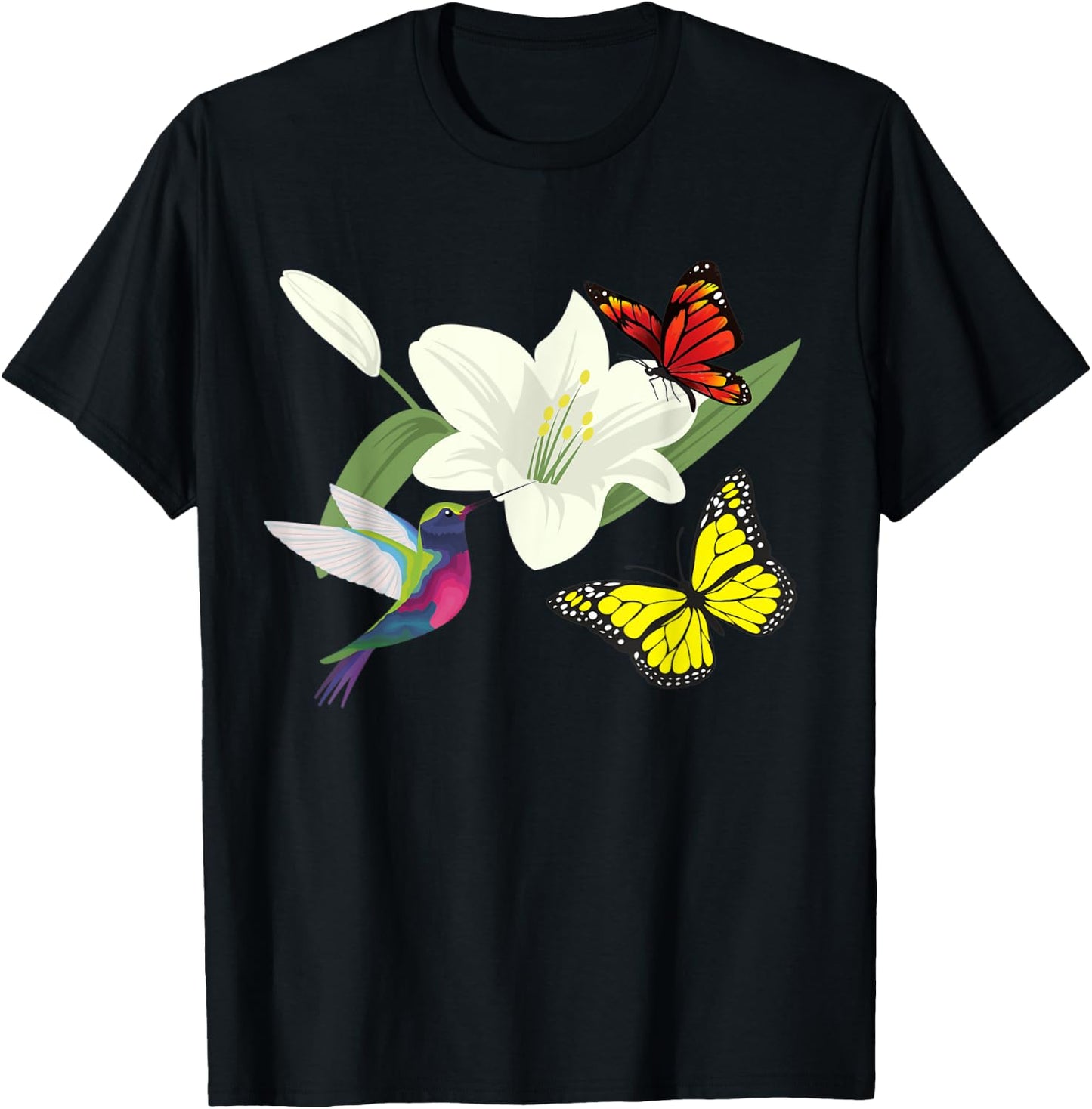 Hummingbird and butterflies in a flower T-Shirt - T-Shirt | Black