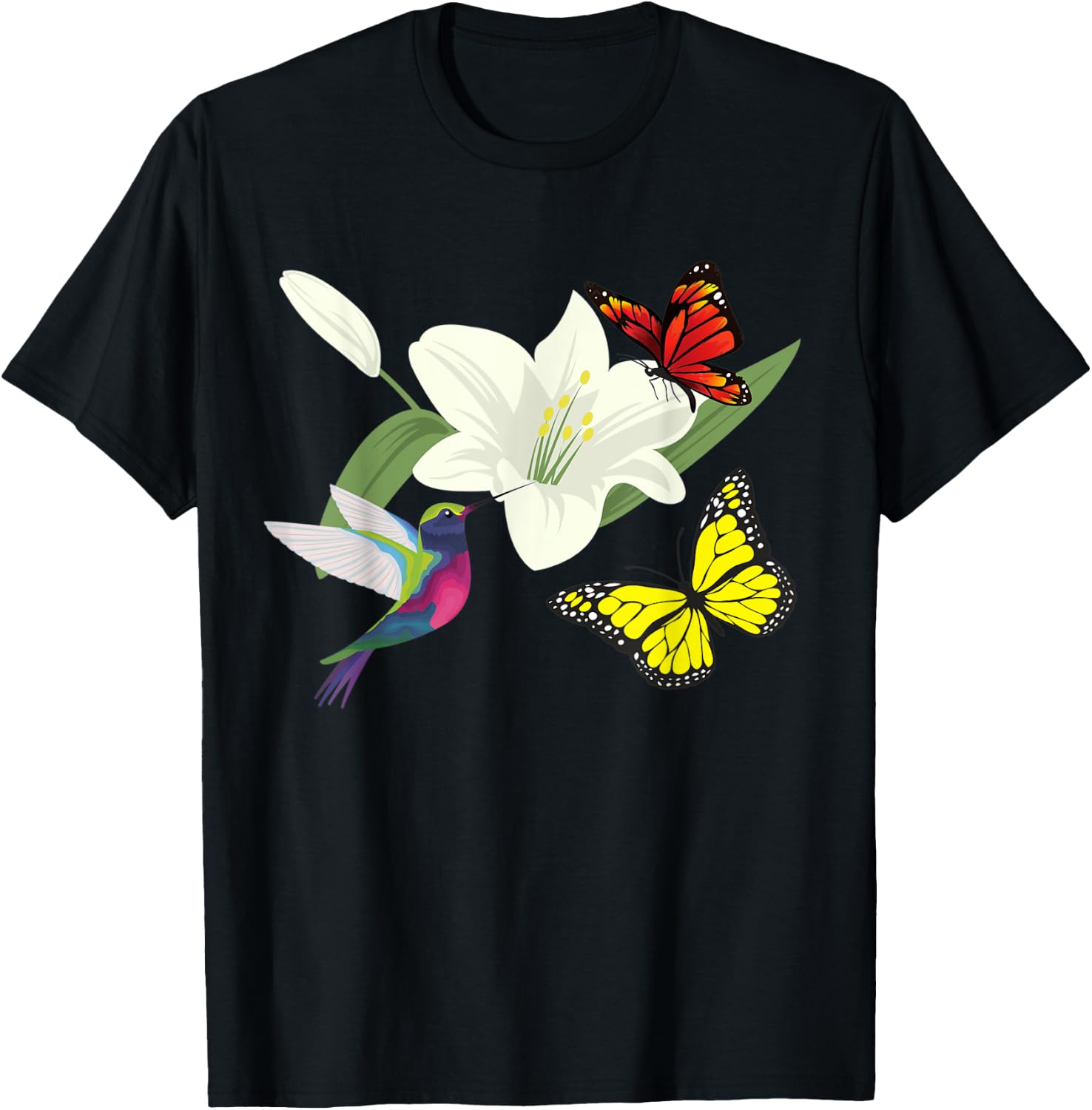 Hummingbird and butterflies in a flower T-Shirt - T-Shirt | Black