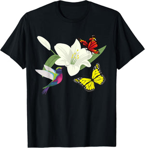 Hummingbird and butterflies in a flower T-Shirt - T-Shirt | Black