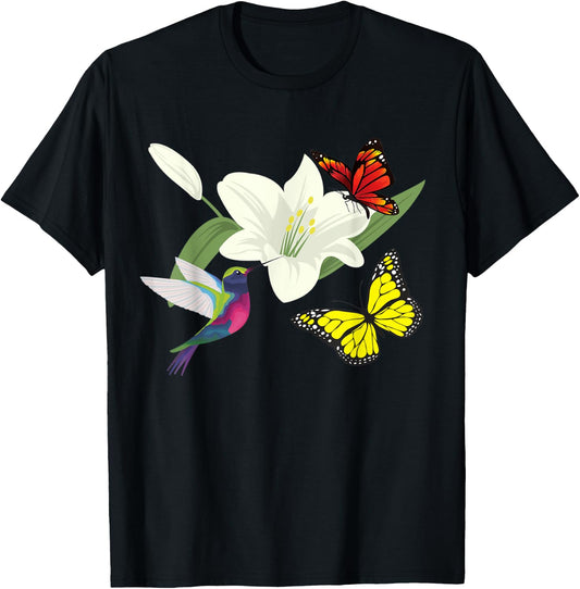 Hummingbird and butterflies in a flower T-Shirt - T-Shirt | Black