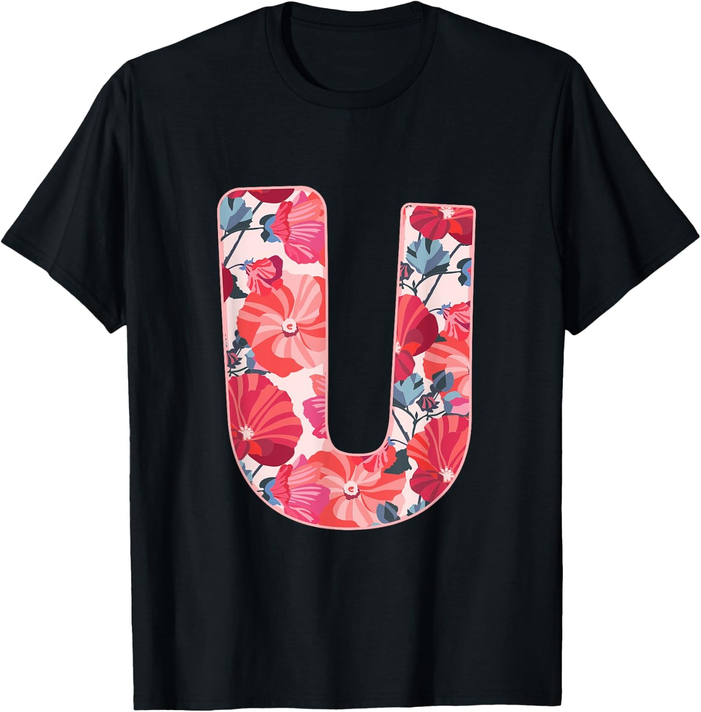 Letter U Sign Alphabet Last Name Vowels Flower Nature Gift T-Shirt - T-Shirt | Black