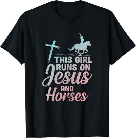 Girl Runs Jesus Horses Christian Horseback Equestrian Gift T-Shirt - T-Shirt | Black