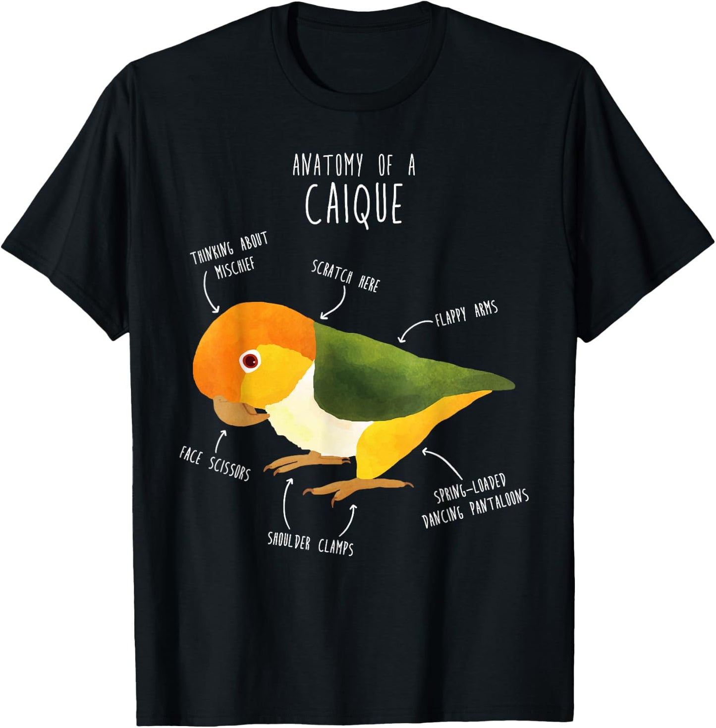 Cool Bird Gifts Anatomy of a White-Bellied Caique, Cute Funny Bird Parrot T-Shirt - T-Shirt | Black