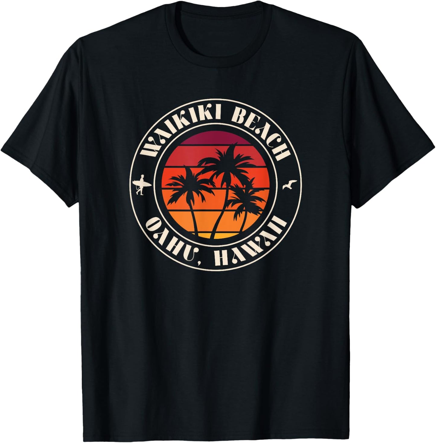 Hawaii Oahu Sunset Surfer and Seagull Waikiki Beach Women Kids T-Shirt - T-Shirt | Black