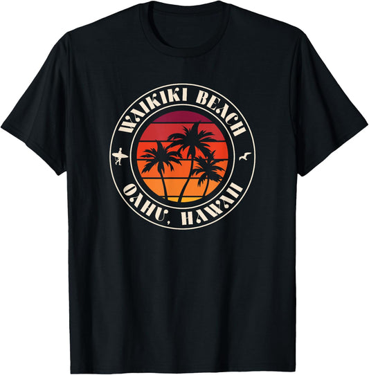 Hawaii Oahu Sunset Surfer and Seagull Waikiki Beach Women Kids T-Shirt - T-Shirt | Black