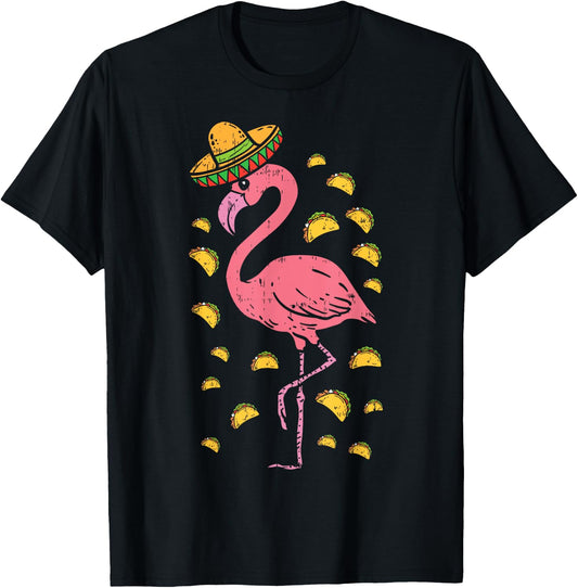 Flamingo Sombrero Tacos Cinco De Mayo Fiesta Mexican T-Shirt - T-Shirt | Black