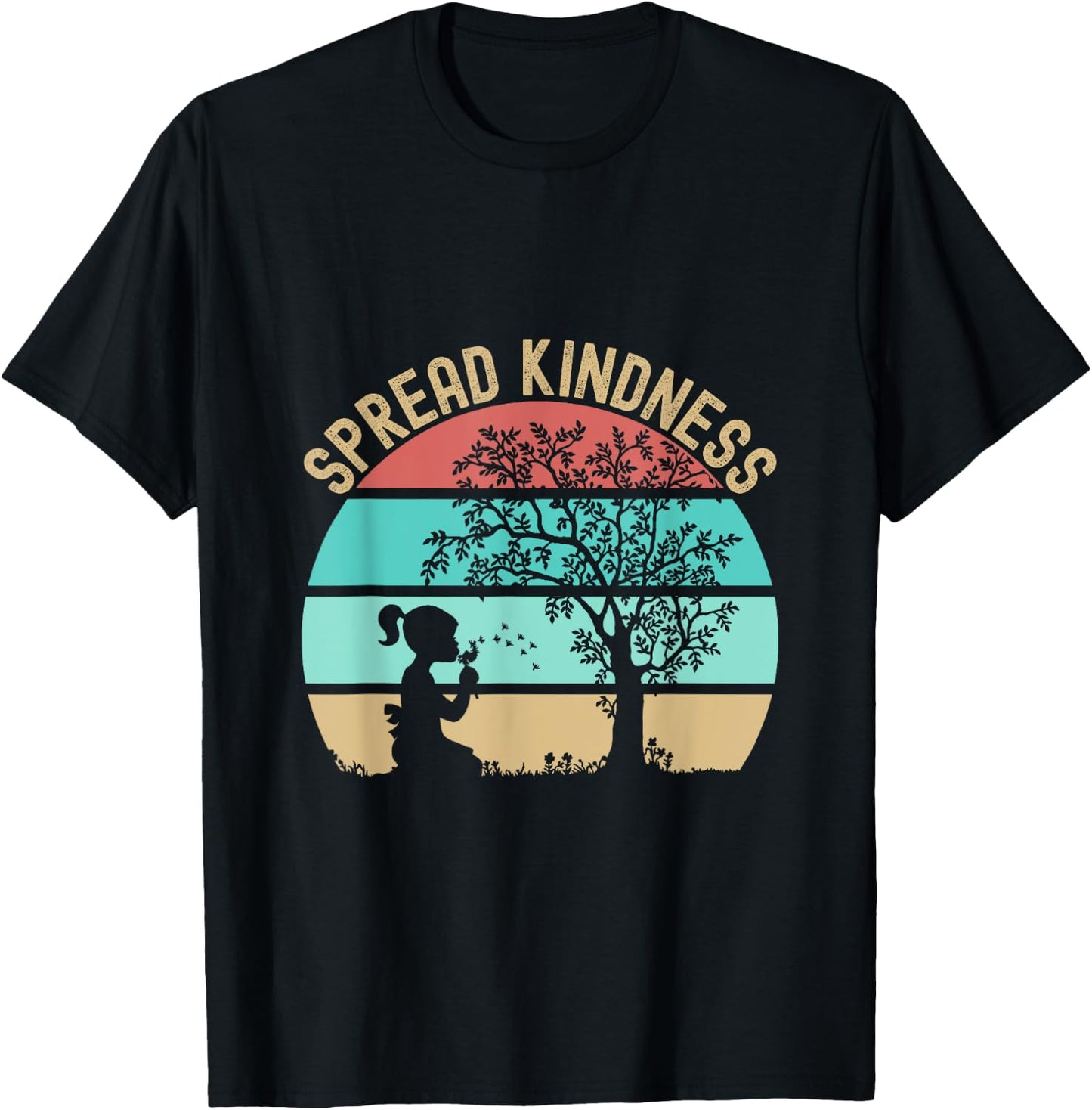Spread Kindness Dandelions Girl Tree Retro Sunset T-Shirt - T-Shirt | Black