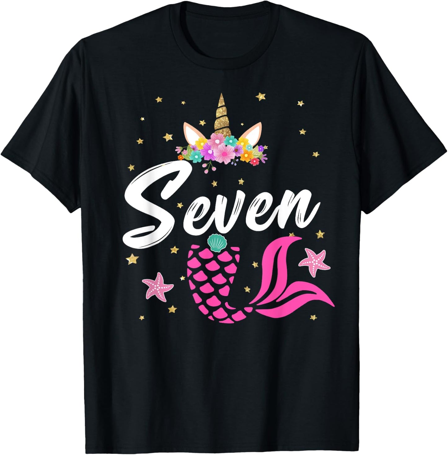 7th Birthday Girl Unicorn Shirt Mermaid Tail 7 Years Old T-Shirt - T-Shirt | Black
