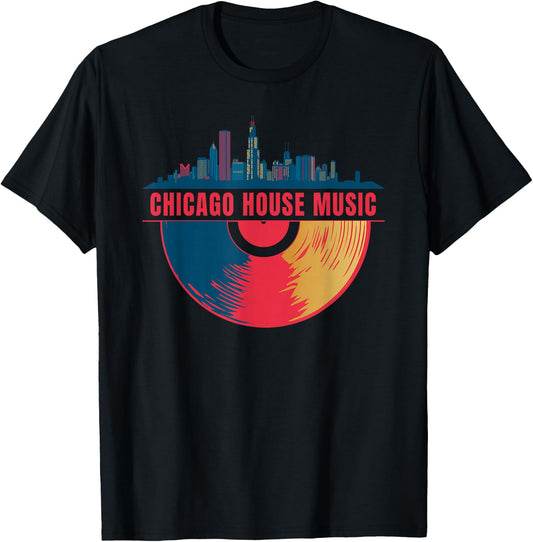 Chicago House Music Vinyl Dj Raver Flag Skyline Apparel T-Shirt - T-Shirt | Black