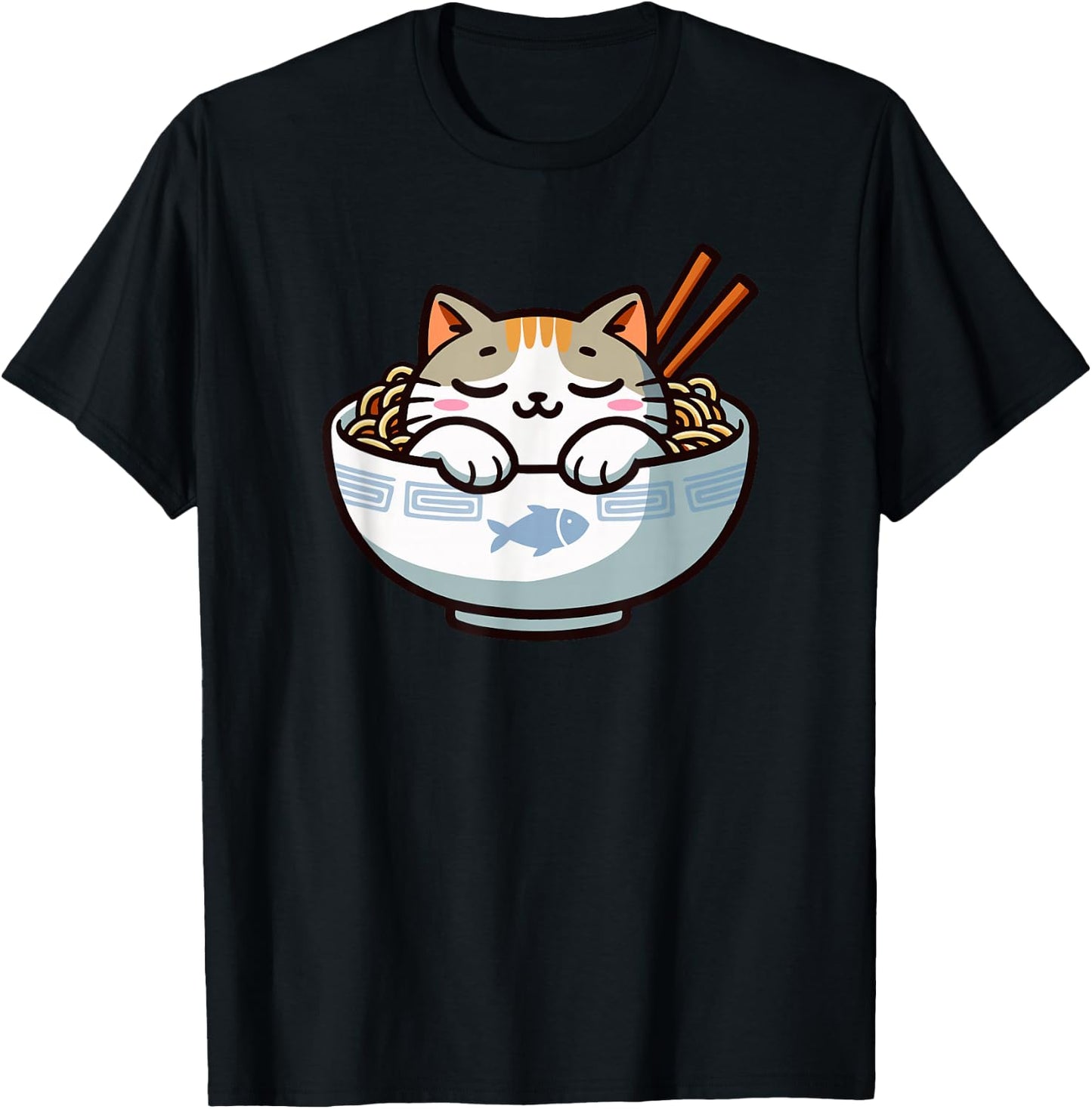 Cute Anime Merch Cat Design Japanese Ramen Noodle Clothes T-Shirt - T-Shirt | Black