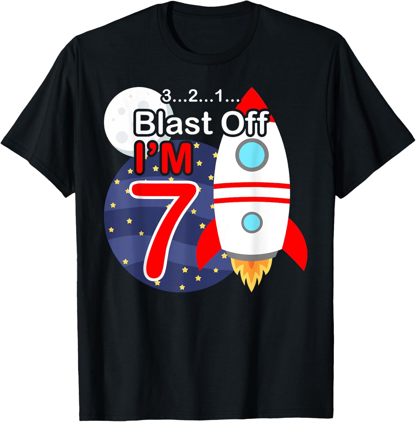 Funny 7th Birthday Gift Boys 7 Years Old Outer Space Rocket T-Shirt - T-Shirt | Black