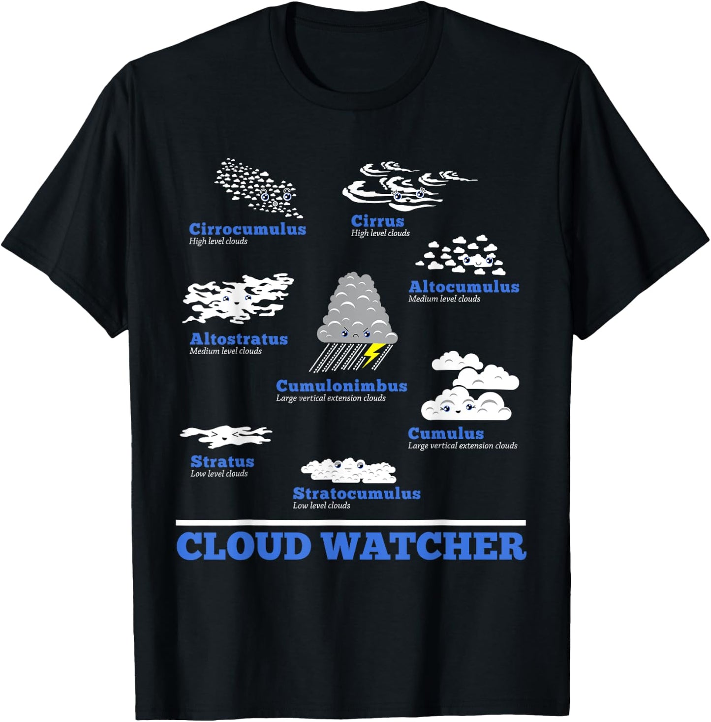 Cloud Watcher Cloud Types Science Student Teacher Cute Faces Women Girls Kids T-Shirt - T-Shirt | Black