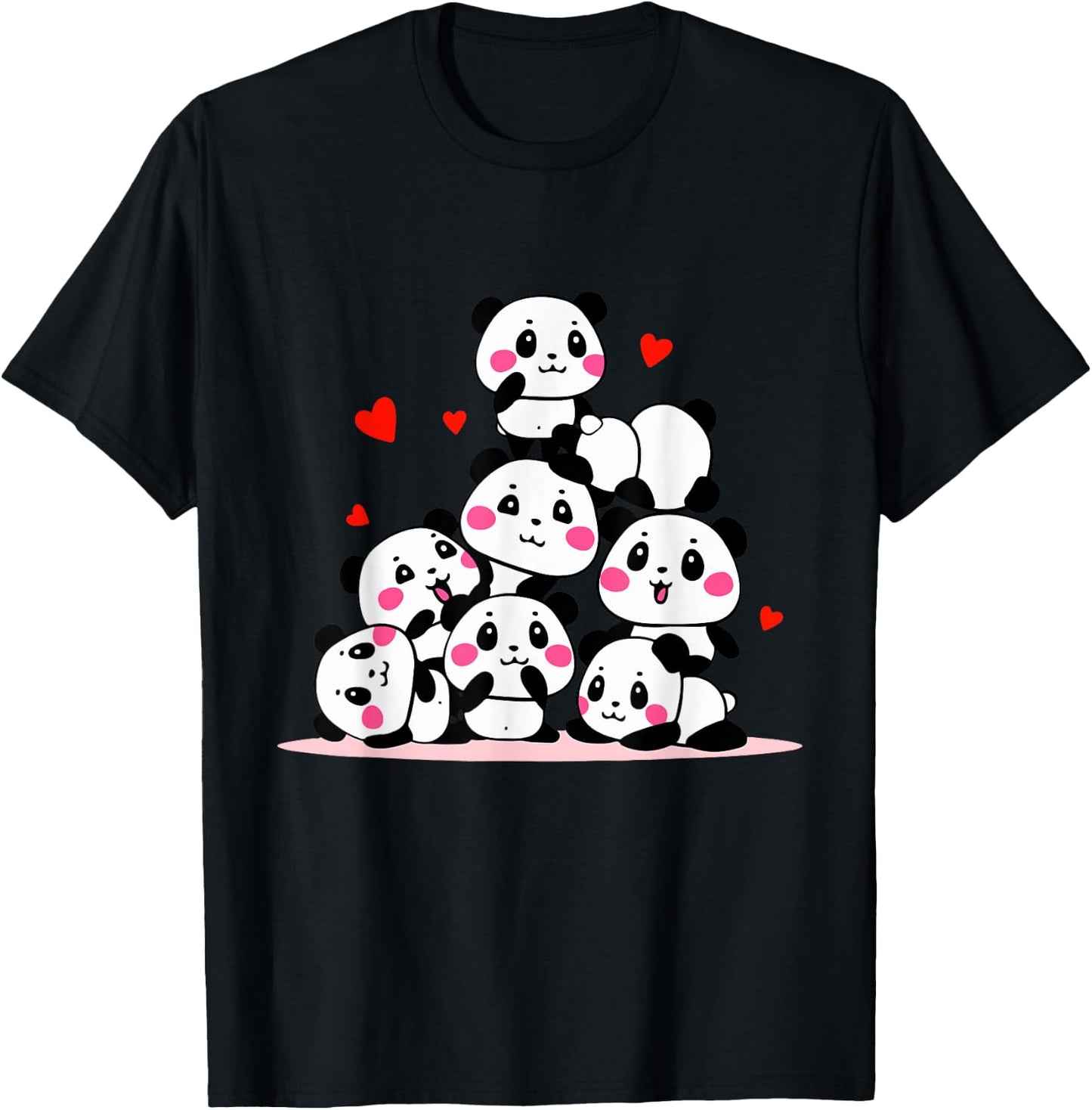 Kawaii Cute Baby Pandas with Red Hearts - Valentine's Day T-Shirt - T-Shirt | Black