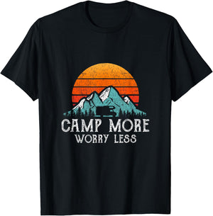 Camp More Worry Less Camping Quote Retro RV Camper T-Shirt - T-Shirt | Black