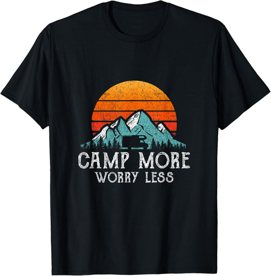 Camp More Worry Less Camping Quote Retro RV Camper T-Shirt - T-Shirt | Black