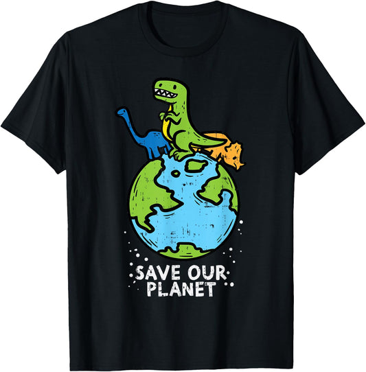 Dinosaurs Save Our Planet Cute Earth Day Boys Kids Gift Small T-Shirt - T-Shirt | Black