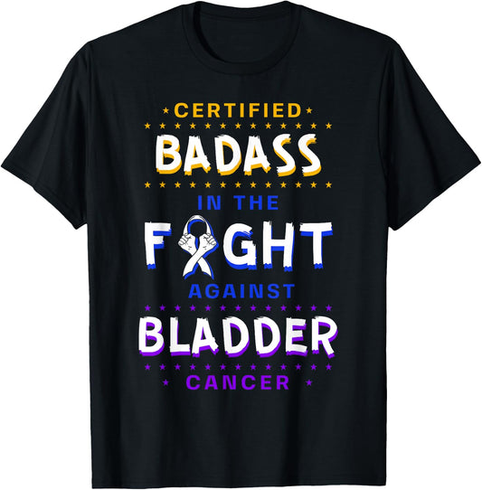 Certified Badass Bladder Cancer Purple Blue Yellow Ribbon T-Shirt - T-Shirt | Black