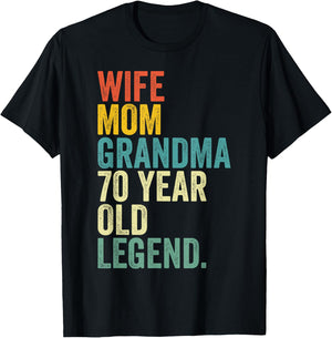 Wife Mom Grandma 70 Year Old Legend Retro 70th Birthday T-Shirt - T-Shirt | Black