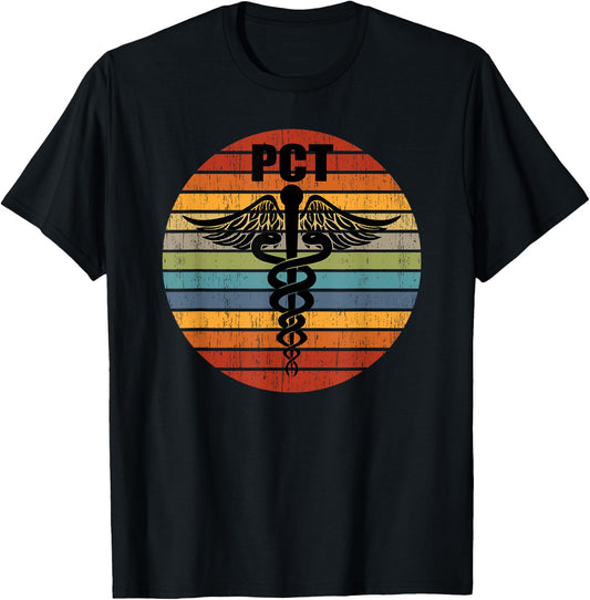 PCT Patient Care Technician Tech Medical Caduceus Retro Gift T-Shirt - T-Shirt | Black