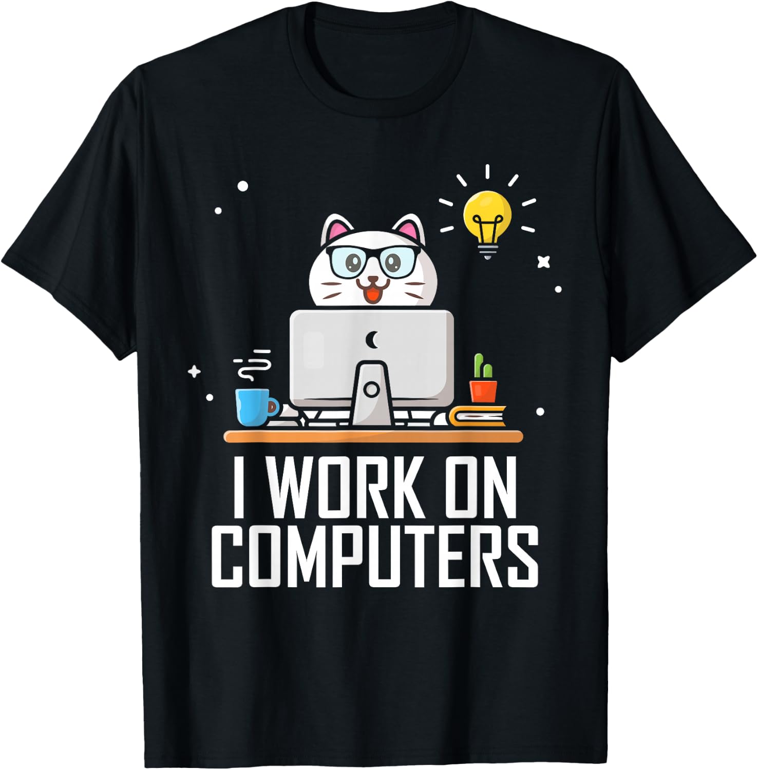 I Work on Computers Funny Cute Tech Coding Cat Working Men Women T-Shirt - T-Shirt | Black