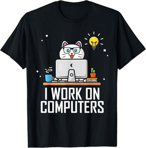 I Work on Computers Funny Cute Tech Coding Cat Working Men Women T-Shirt - T-Shirt | Black