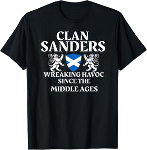 Clan Sanders Scottish Family Kilt Tartan Lion Name T-Shirt - T-Shirt | Black