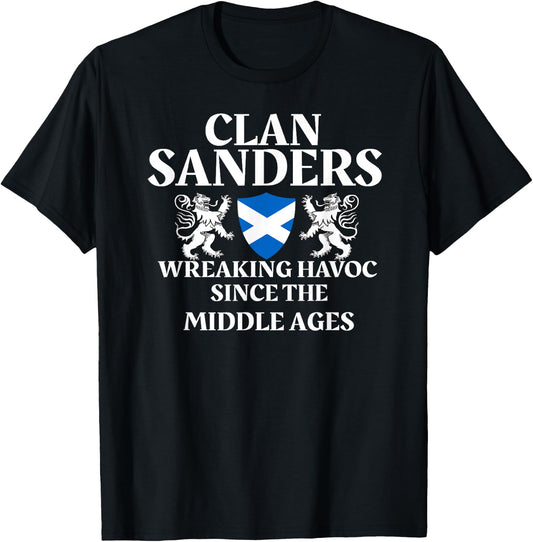 Clan Sanders Scottish Family Kilt Tartan Lion Name T-Shirt - T-Shirt | Black
