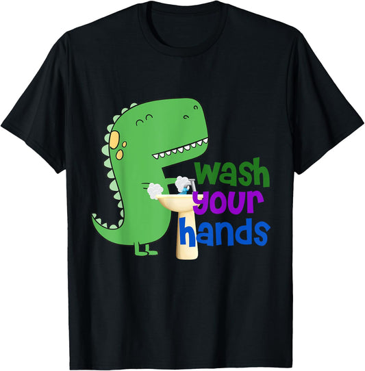 Cute Dino T-Rex Wash Your Hands T-Shirt - T-Shirt | Black