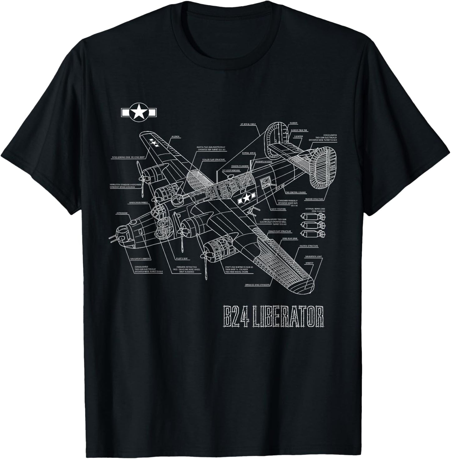 World War 2 Aircraft Blueprint WWII B24 Liberator Bomber T-Shirt - T-Shirt | Black