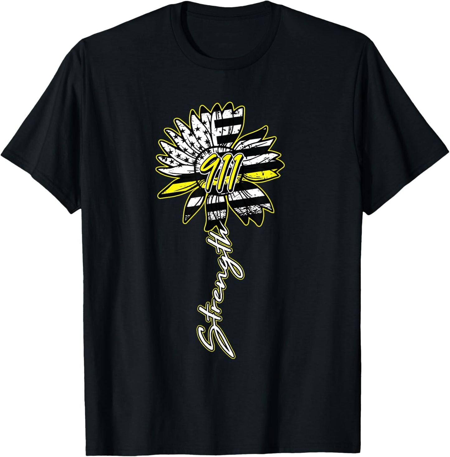 911 Dispatcher American Flag Sunflower Dispatch Operator T-Shirt - T-Shirt | Black