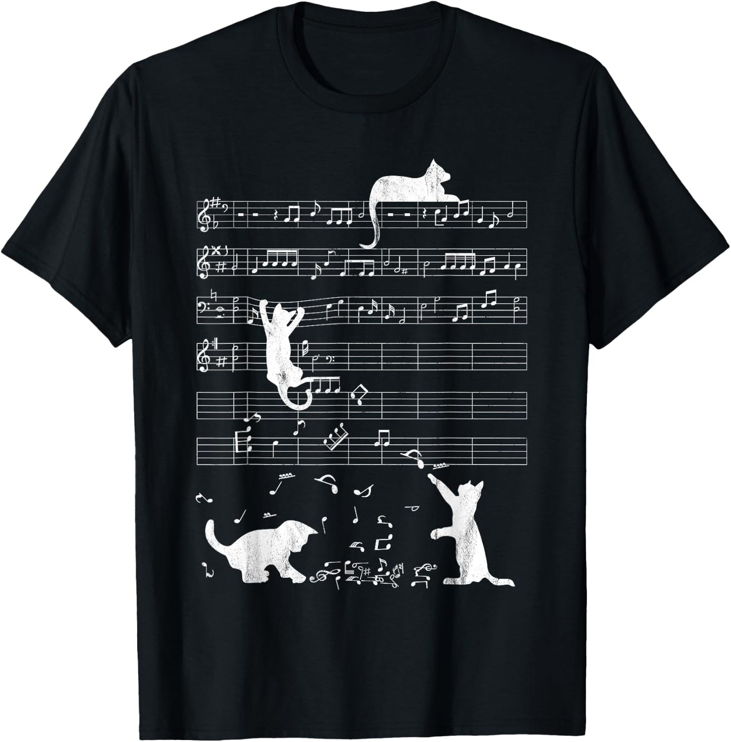 Cute Cat Distressed Music Notes Kitty Piano Musician Women Kids T-Shirt - T-Shirt | Black
