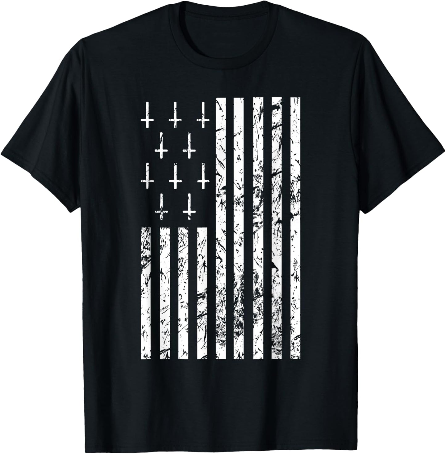 Upside Down Cross Occult Symbol Satanic American Flag T-Shirt - T-Shirt | Black