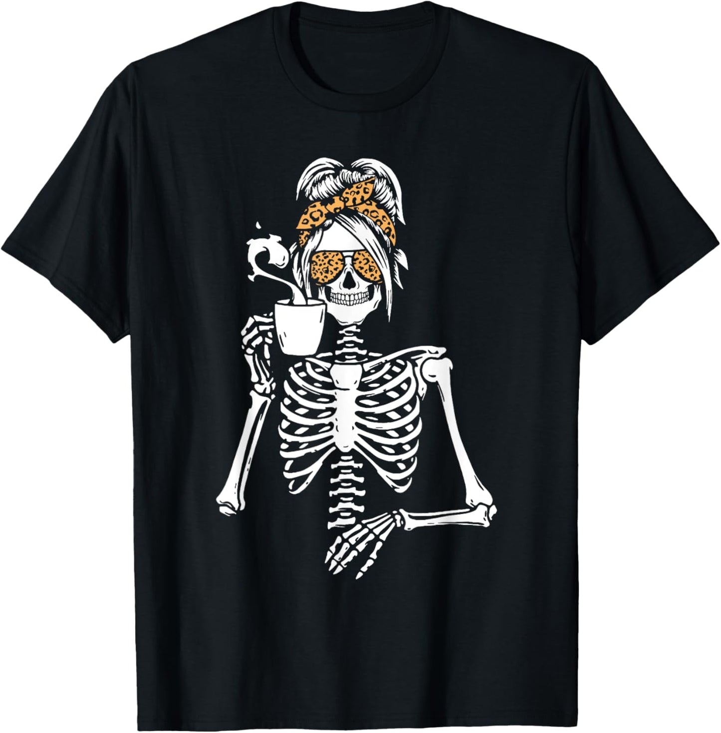 Skeleton Messy Bun Coffee Drinking Halloween Costume Women T-Shirt - T-Shirt | Black