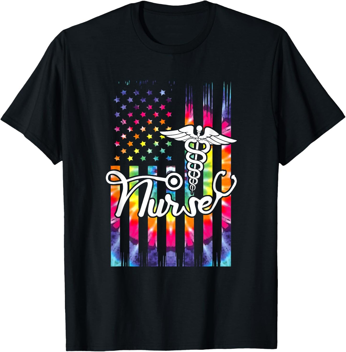 Nurse American Flag US Patriotic Hippie Nursing T-Shirt - T-Shirt | Black