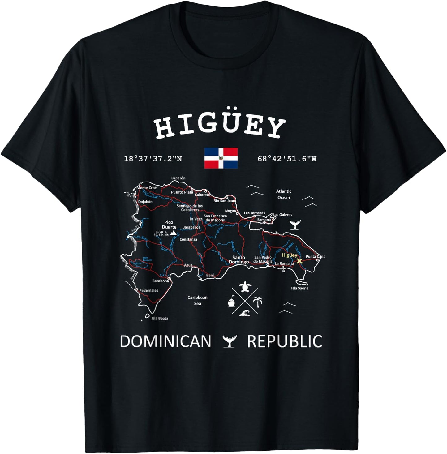 HIGUEY Dominican Republic Flag Travel Map Coordinates T-Shirt - T-Shirt | Black