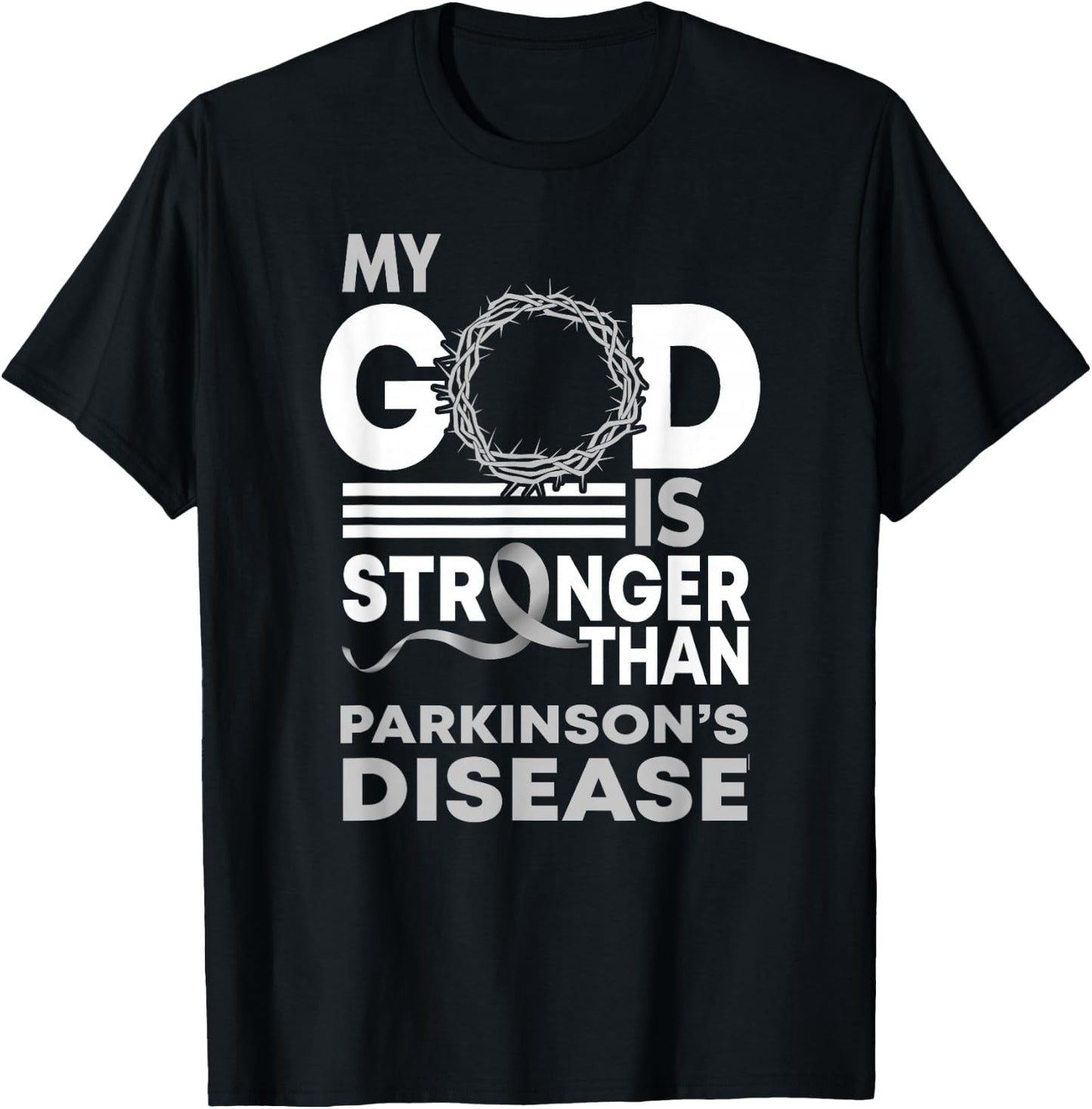 My God Is Stronger Than Parkinson'S Disease Awareness Ribbon T-Shirt - T-Shirt | Black