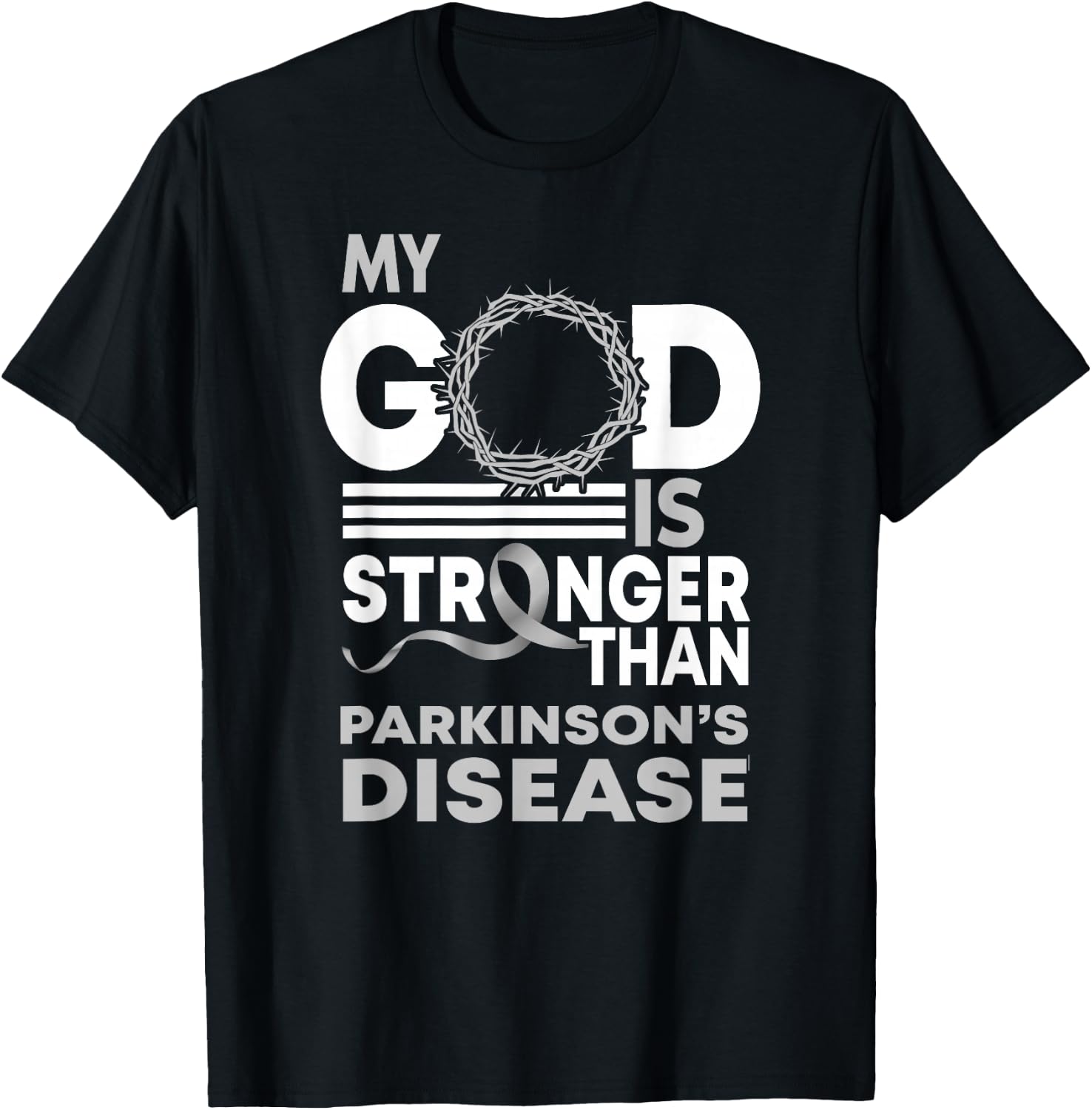 My God Is Stronger Than Parkinson'S Disease Awareness Ribbon T-Shirt - T-Shirt | Black