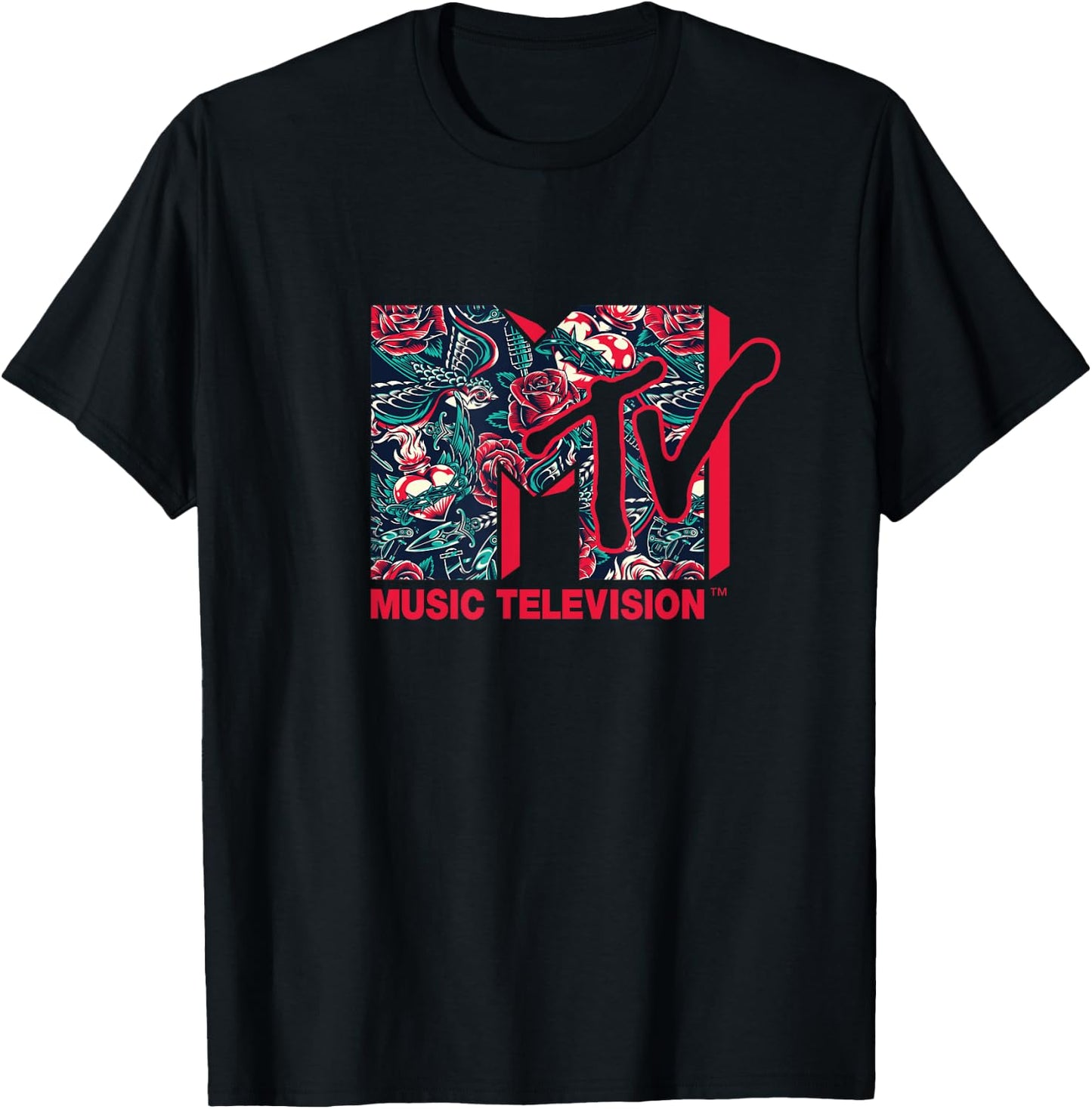 Mademark x MTV - The official MTV Logo - Roses and Tattoo Style T-Shirt - T-Shirt | Black