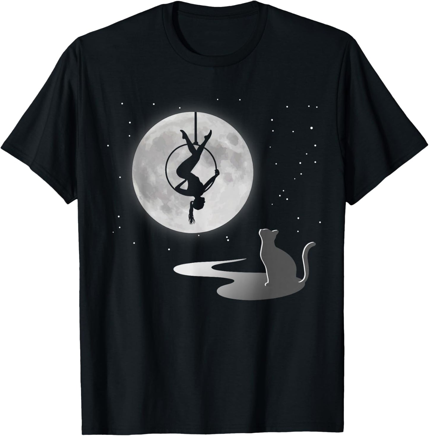 Fly Aerial Yoga Hoop Lyra, Stars Moon Cat Lover, Novelty T-Shirt - T-Shirt | Black